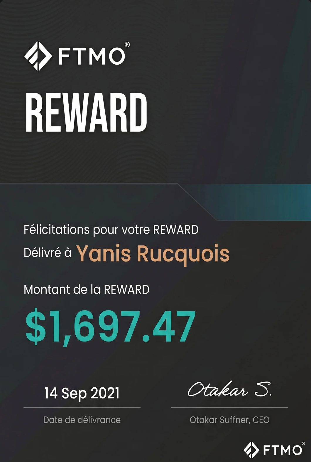 First FTMO reward — September 14, 2021